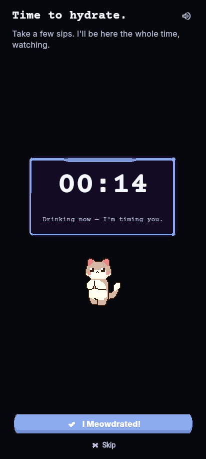 The Drink Moment screen in dark mode: a short countdown timer while you take a few sips.