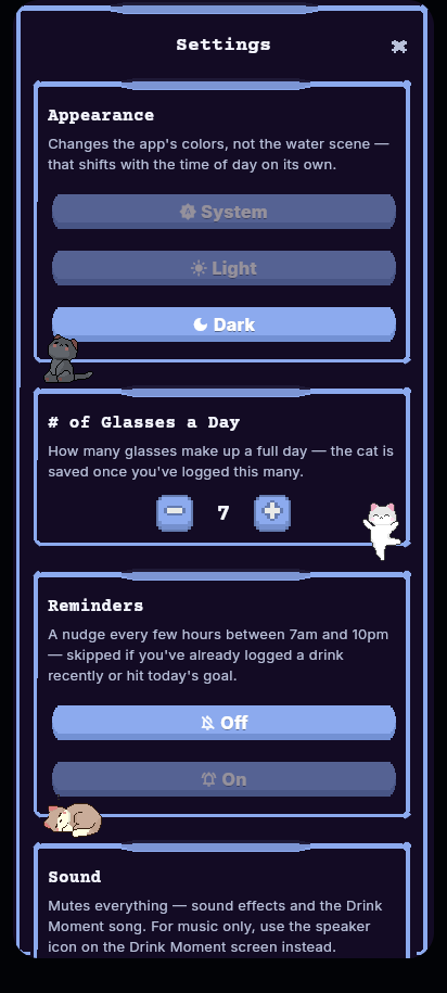 The settings screen in dark mode.