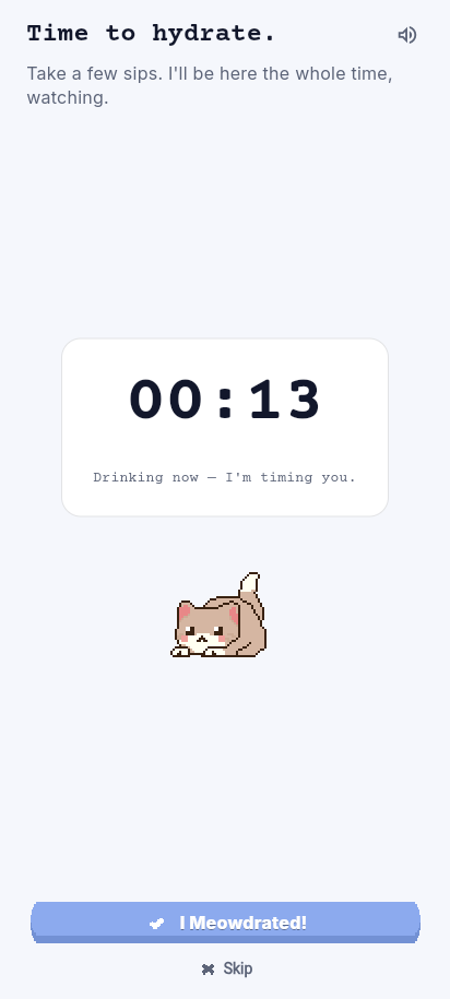 The Drink Moment screen: a short countdown timer while you take a few sips, with a cat waiting patiently.