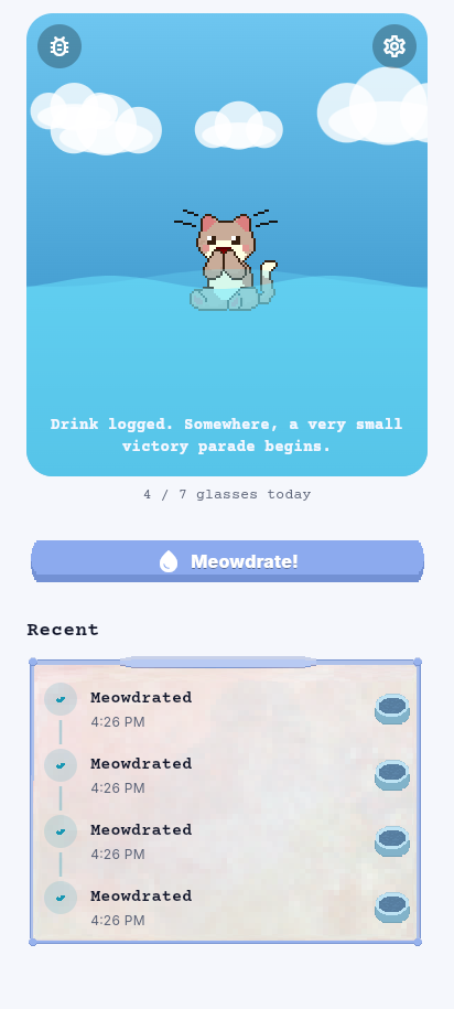 Meowdrate's flood scene mid-recede — a cat sits at the water's edge under a day-lit sky, with roughly half the goal logged so far.