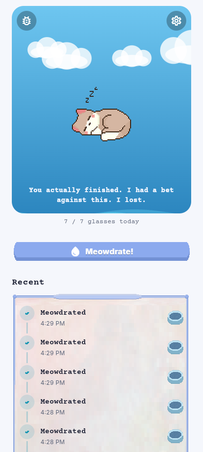 The flood fully cleared: the cat sleeps safely on dry ground with a sarcastic thank-you line from the narrator.