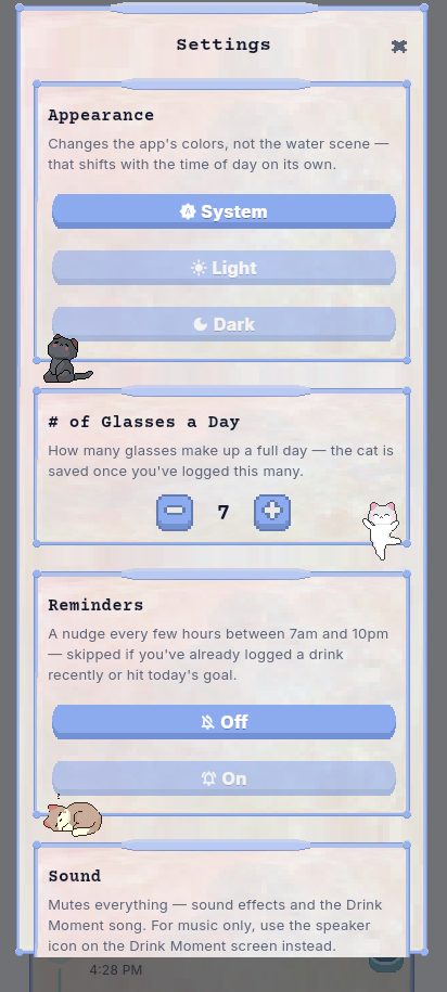 Settings screen with appearance, daily glass goal, reminders, and sound controls.